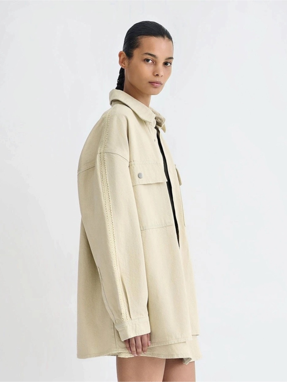 Nanushka Mariann Beige Denim/ Crochet Oversized Jacket Size XXS NWT